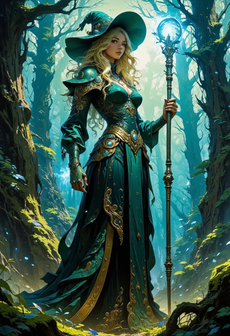 This is a highly detailed digital painting, depicting a fantastical scene in a lush, enchanted forest. The central figure is a tall, fair-skinned woman with long, wavy blonde hair, adorned in an elaborate, dark green gown with intricate gold embroidery. She wears a large, ornate witch's hat with a wide brim, and her expression is both mysterious and commanding. In her right hand, she holds a glowing, ornate staff, casting a soft blue light that illuminates the scene. The background is filled with towering, moss-covered trees, and the ground is carpeted with vibrant greenery and small, glowing fireflies. The lighting appears to be a mix of natural and magical, enhancing the mystical atmosphere. The overall aesthetic quality is very high, showcasing excellent use of color, texture, and light. The camera angle is slightly low, emphasizing the woman's authority and the magical environment.