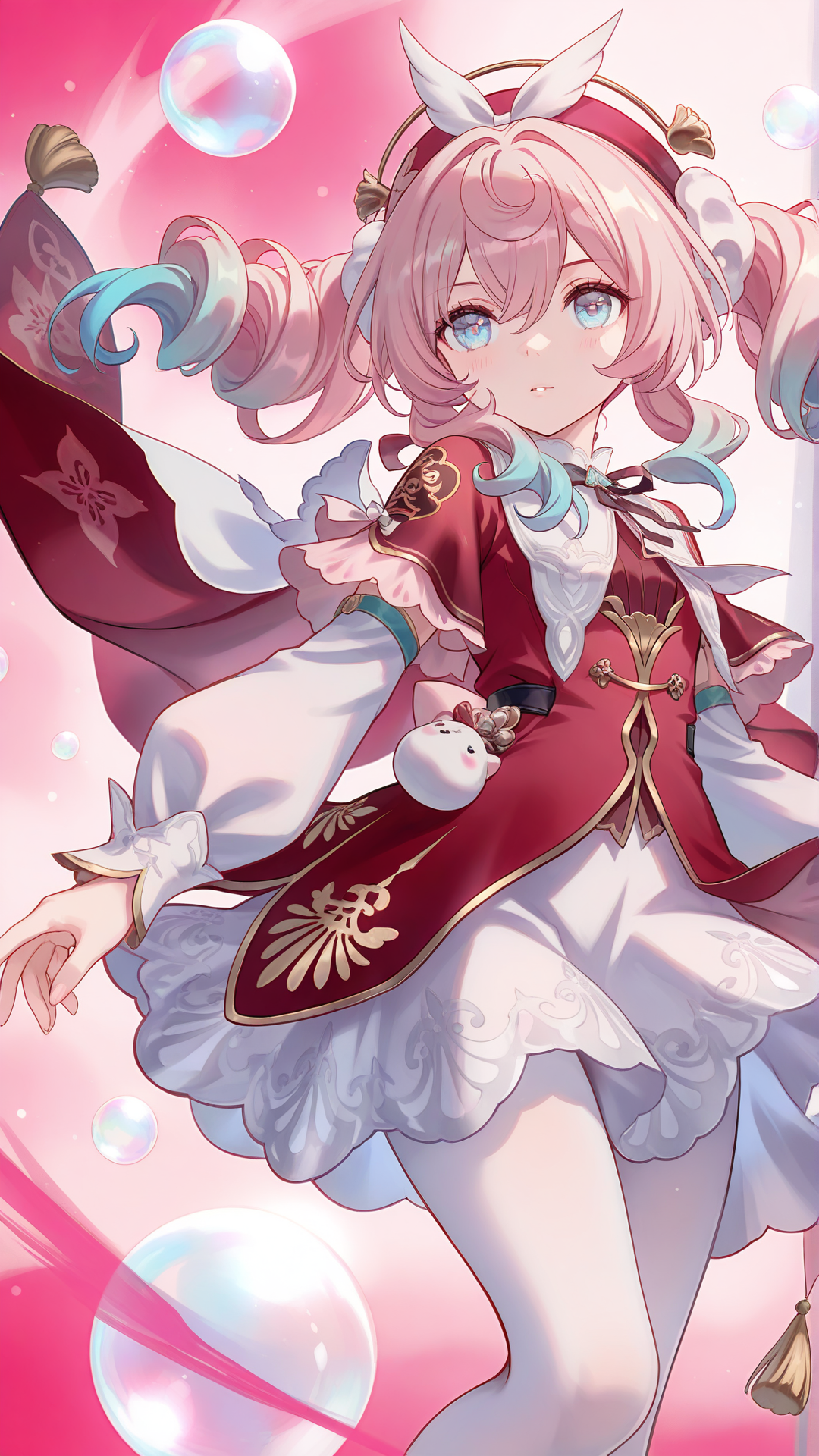 Pink background theme, sparks, bubbles, Blue eyes, Gradient hair, White pantyhose, Red dress, white skirt, best quality, masterpiece, best quality, masterpiece, best quality, masterpiece, <lora:hayacine:0.8>, (hayacine:1.5), (artist:toshizou \(0714\):1.05), (artist:jyt:0.91), (artist:misaka 12003-gou:0.91), (konya karasue:1.05), (rei \(sanbonzakura\):1.05), year 2023, (Torino aqua:1.0), Momoko, (artist:Morikura En:1.05), artist:Rella, (nanaken nana:0.95), artist:banishment, (wlop:0.86), ( :0.95)