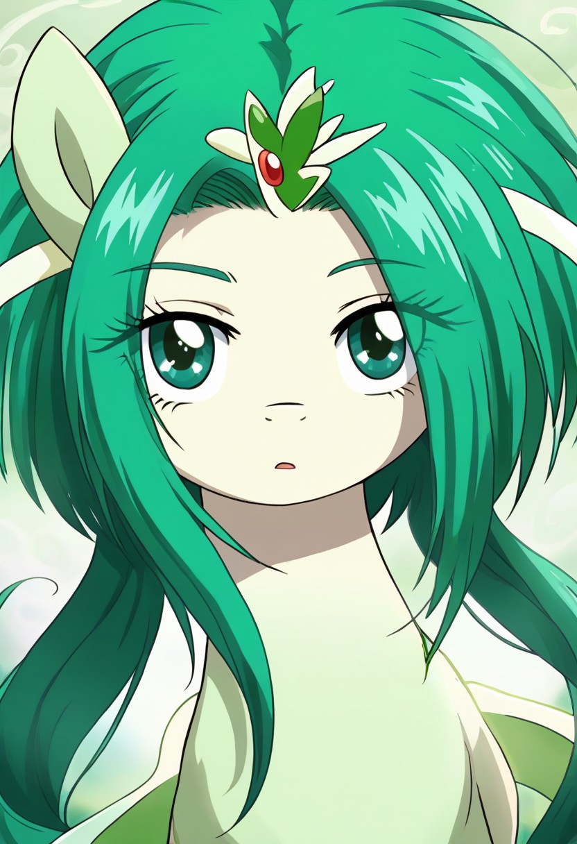 detailed background, green hair,, shiny skin,green eyes,<lora:curemint.pony:1>, curemint, solo,