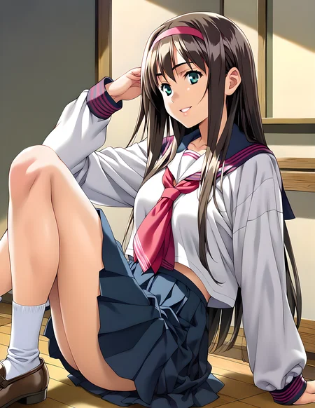 <lora:pony_xl_yuuri:0.8>,yuuri,score_9,score_8_up,score_7_up,source_anime,1girl,gentle girl,hairband,school_uniform,long_sleeves,serafuku,white socks,loafers,smile,;d,parted_lips,hand_on_own_knee,indoor,