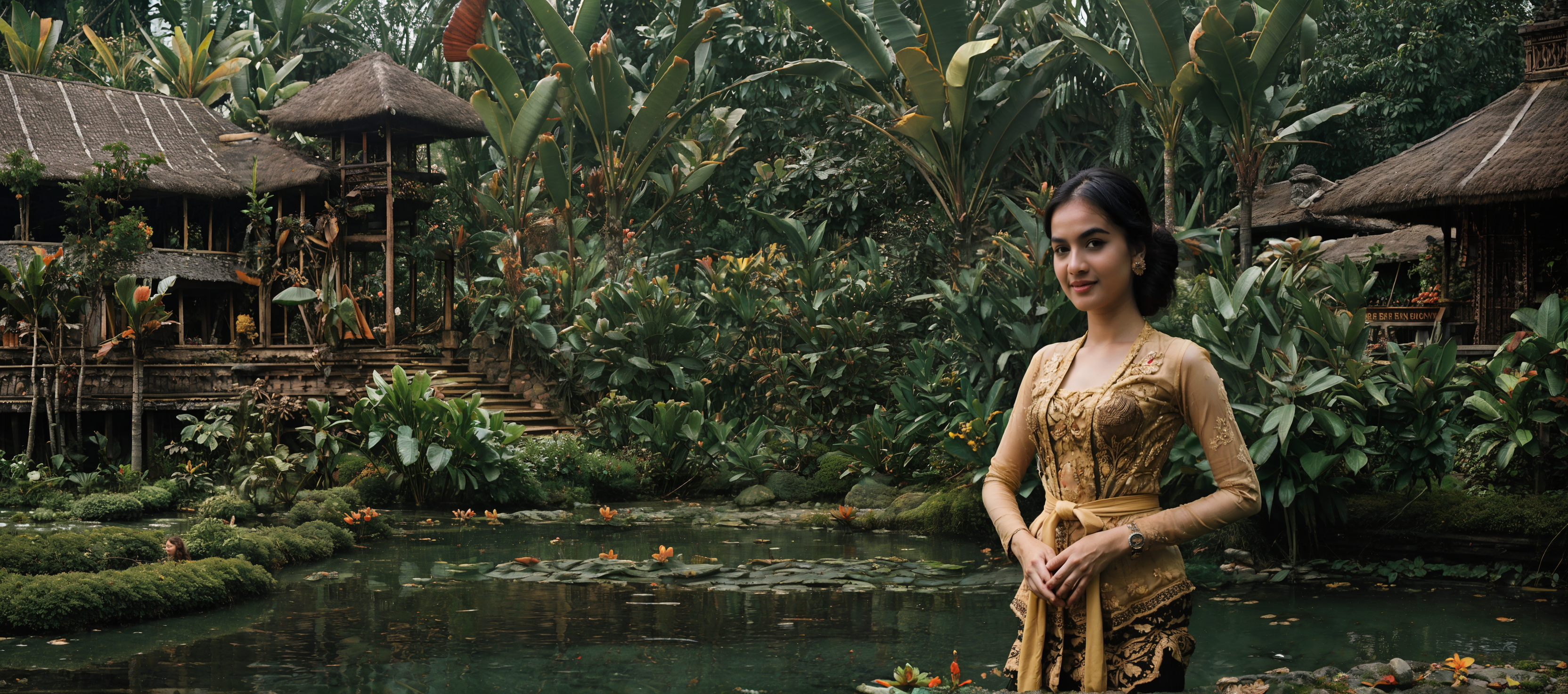((a closeup photo of beautiful barbie wearing kebaya2 batik)),ritual scenery in futuristic balinese village,beautiful,eyecatch,mythical flower landscape,forest,pond,street,<lora:cyber:0.3>,castle,<lora:FantasySettlement:0.3>,FanSe,<lora:howllatentDADAP4:0.3>,howlbgs,<lora:SyFyEye1_v2.0:0.3>,SyFyEye1,<lora:FantasyLandscape:0.3>,FanLan,<lora:flowers_landscape:0.3>,<lora:kebaya2:0.5>,cinematic photograph,bokeh,