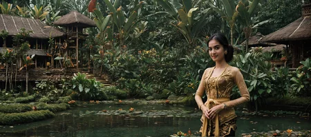 ((a closeup photo of beautiful barbie wearing kebaya2 batik)),ritual scenery in futuristic balinese village,beautiful,eyecatch,mythical flower landscape,forest,pond,street,<lora:cyber:0.3>,castle,<lora:FantasySettlement:0.3>,FanSe,<lora:howllatentDADAP4:0.3>,howlbgs,<lora:SyFyEye1_v2.0:0.3>,SyFyEye1,<lora:FantasyLandscape:0.3>,FanLan,<lora:flowers_landscape:0.3>,<lora:kebaya2:0.5>,cinematic photograph,bokeh,