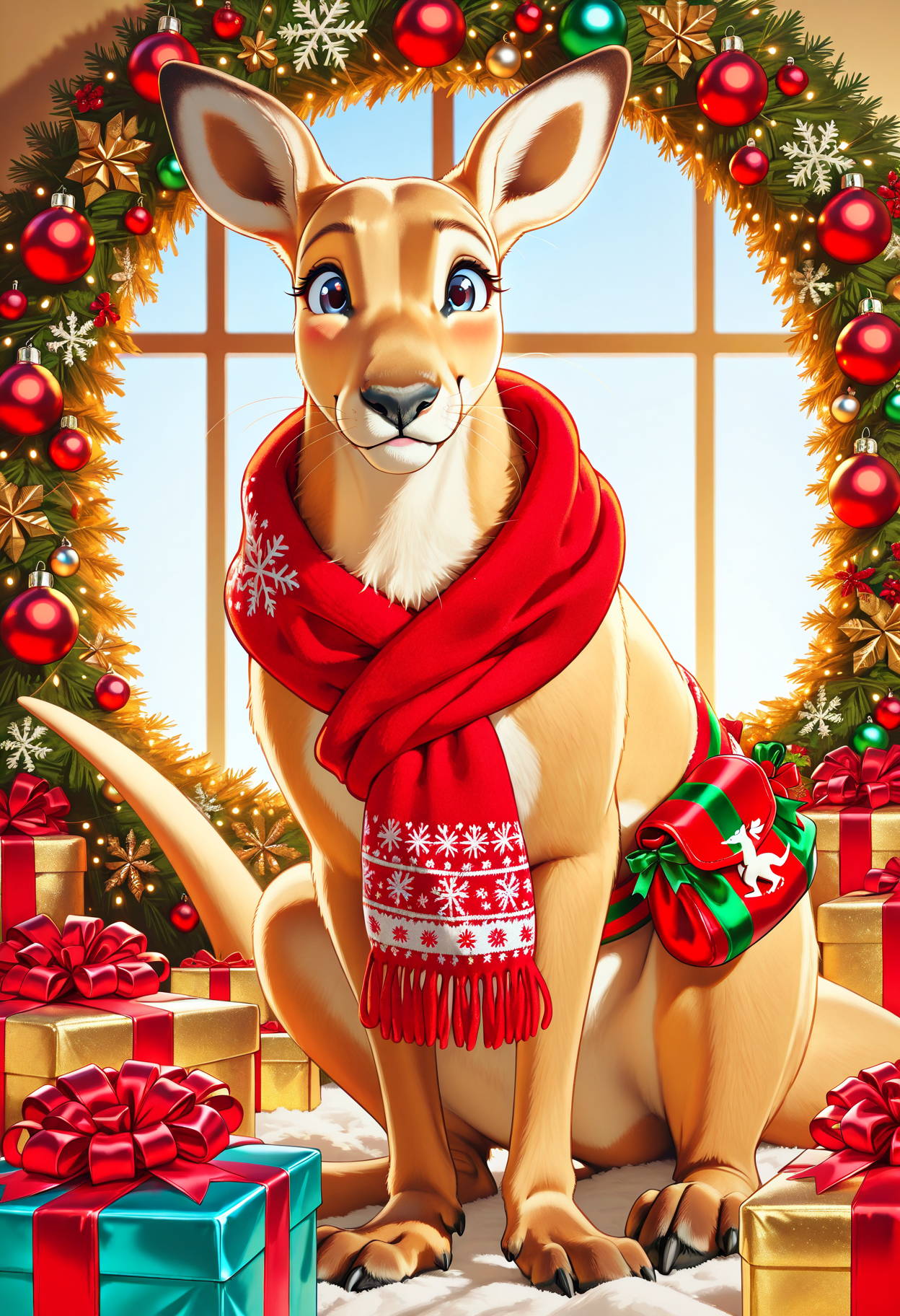 Animal Christmas, masterpiece, best quality, Kangaroo, gift pouch, red scarf, eucalyptus backdrop, festive decorations, sunny day, bright colors, Christmas vibes, wrapped presents, playful pose, decorative ribbons, cheerful holiday, Australian theme, golden sunlight, Christmas cheer