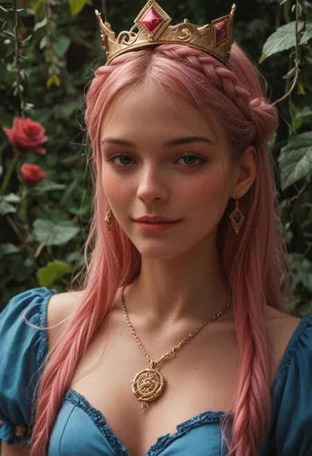 score_9, score_8_up, score_7_up, score_6_up,
1girl, 25 years old, perfect face, (adult), sexy,
dark eyes,
pink hair, crown braid, golden earrings, (crown:1.2), pendant,
frilled dress, blue dress, pink ribbon,
vines, roses,
blush, shy smile, portrait, face focus, detailed face,