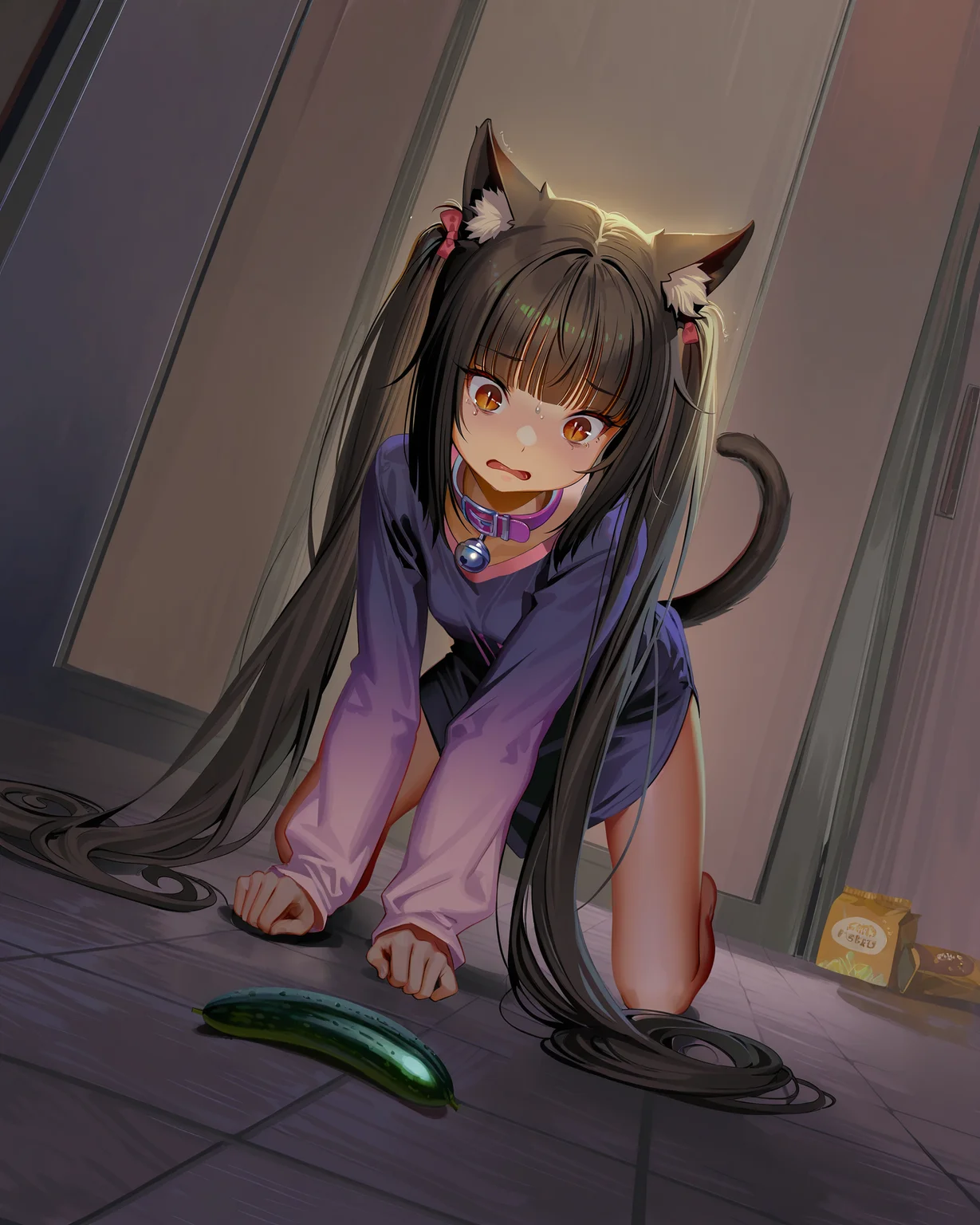 ((artist:alphonse \(white datura\):1.4), (artist:as109:0.7), (artist:ohisashiburi:1)), 1girl, (chocola \(nekopara\)), nekopara, looking at cucumber on floor, scared of cucumber, terrified, tail raised, masterpiece, best quality, amazing quality, vibrant,<lora:illustriousXL_stabilizer_v1.93:0.5> dutch angle, brown eyes, very long hair, twintails, (artist:sayori \(neko works\):0.6), slit pupils, neck bell, collar,