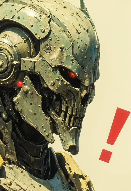 This is a vintage-style photograph of an imposing mech or robot's helmet, captured in exquisite detail with a stylized cyberpunk aesthetic. The helmet is a masterpiece of translucent, crystalline textures, glowing softly in pale yellow and faint green hues. Its angular design features intricate engravings and holographic details, refracting fragmented beams of light in a surreal, ethereal display. The lighting is volumetric, casting soft, diffused glows and subtle shadows that emphasize the helmet's futuristic, otherworldly nature.
A vivid red exclamation mark hovers above the helmet, glowing intensely, creating a stark contrast against the mech’s subdued colors and adding a sense of urgency. The background is a minimalist off-white, further enhancing the mech’s bold, neon-glowing presence. The photograph carries a vintage quality, with soft grain, faded edges, and slightly overexposed highlights, giving the scene a painterly yet cinematic feel that blends retro aesthetics with futuristic design.
