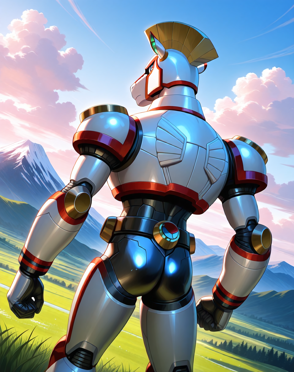 <lora:Spiral_Pegasus_(Mega_Man_X)_(Illustrious)_(AD):1> Spiral Pegasus, reploid, MMX, 
exterior, blue sky with clouds, mountain valley, grassy valley,
dutch angle, dynamic action, cowboy shot, back view, butt, 
male focus, intense shadows, dynamic shadows, intricate details, attention to details, gradient coloring, robot, bright vivid colors, deep metallic colors, glossy metal body, 
BREAK very awa, masterpiece, best quality, amazing quality, very aesthetic, highres, absurdres,
EZRealPONYXL, zPDXL, Smooth Quality, lazynsfw,