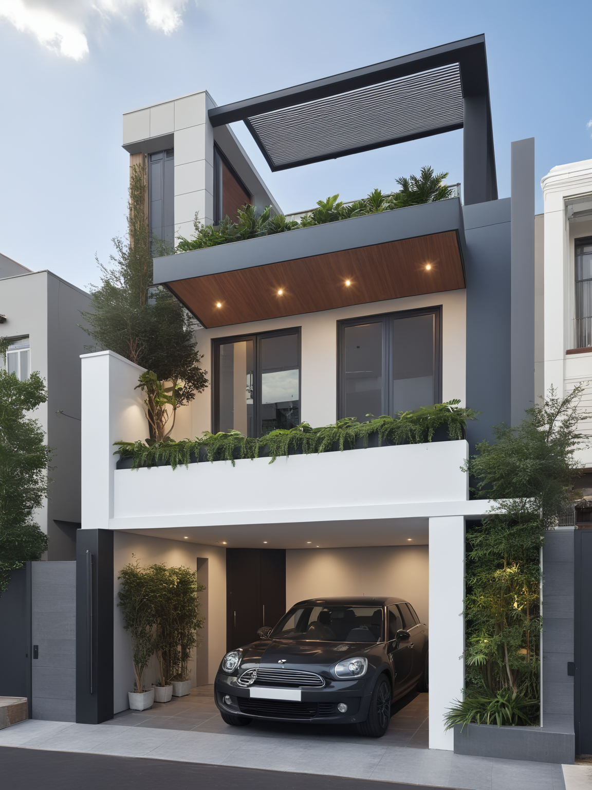 Architectural style Architectural style,     <lora:JJsModernStyleHouse_XL:1>, ((Modern Style House)),(masterpiece) , ((best quality)), dramatic lighting, high quality outdoors, sky, day, cloud, tree, blue sky, building, scenery, road, real world location,  sunlight, enough detail, high resolution,super realistic, Photorealistic, highly detailed, balcony, plants, door, car,  paving, , architectural drawing, highly detailed  , . Clean lines, geometric shapes, minimalist, modern, architectural drawing, highly detailed