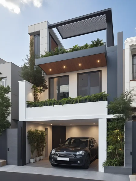Architectural style Architectural style,     <lora:JJsModernStyleHouse_XL:1>, ((Modern Style House)),(masterpiece) , ((best quality)), dramatic lighting, high quality outdoors, sky, day, cloud, tree, blue sky, building, scenery, road, real world location,  sunlight, enough detail, high resolution,super realistic, Photorealistic, highly detailed, balcony, plants, door, car,  paving, , architectural drawing, highly detailed  , . Clean lines, geometric shapes, minimalist, modern, architectural drawing, highly detailed