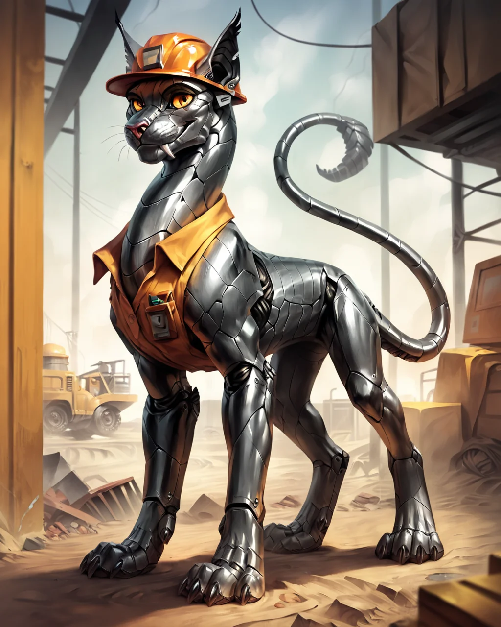 score_9, score_8_up, score_7_up, intricate details, rating_safe, science fiction,
<lora:CALM_PonyXL_4image_125steps:0.7>, calm style, source_cartoon, source_western,
robot sphinx, feral furry, looking at the viewer, smiling, construction worker, machine, metal skin, hard hat, segmented, male, carbon fiber, hexagon pattern, solo, looking at the viewer, cowboy shot, construction site, depth of field, detailed background,
<lora:ral-chrosc-clr:0.3>, ral-chrosc-clr,
<lora:xl_more_art-full_v1:0.3>,
<lora:add-detail-xl:0.3>