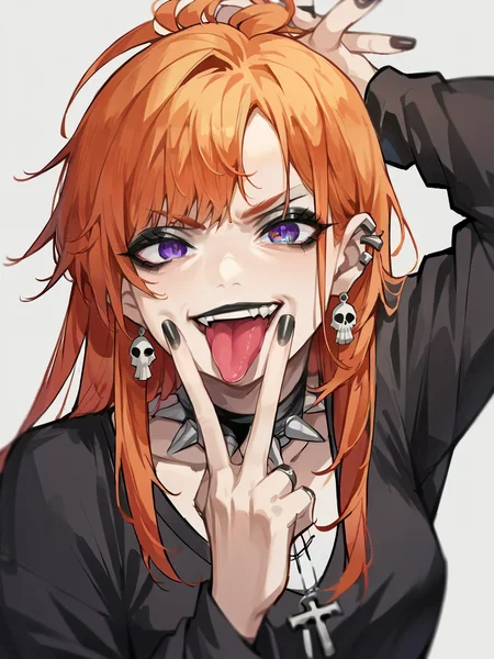 score_9, score_8_up, score_7_up, score_6_up, score_5_up, source_anime, 1girl, <lora:VoverfaceXLP:1> v over face, tongue out, long hair, ginger hair, goth, grey eyes