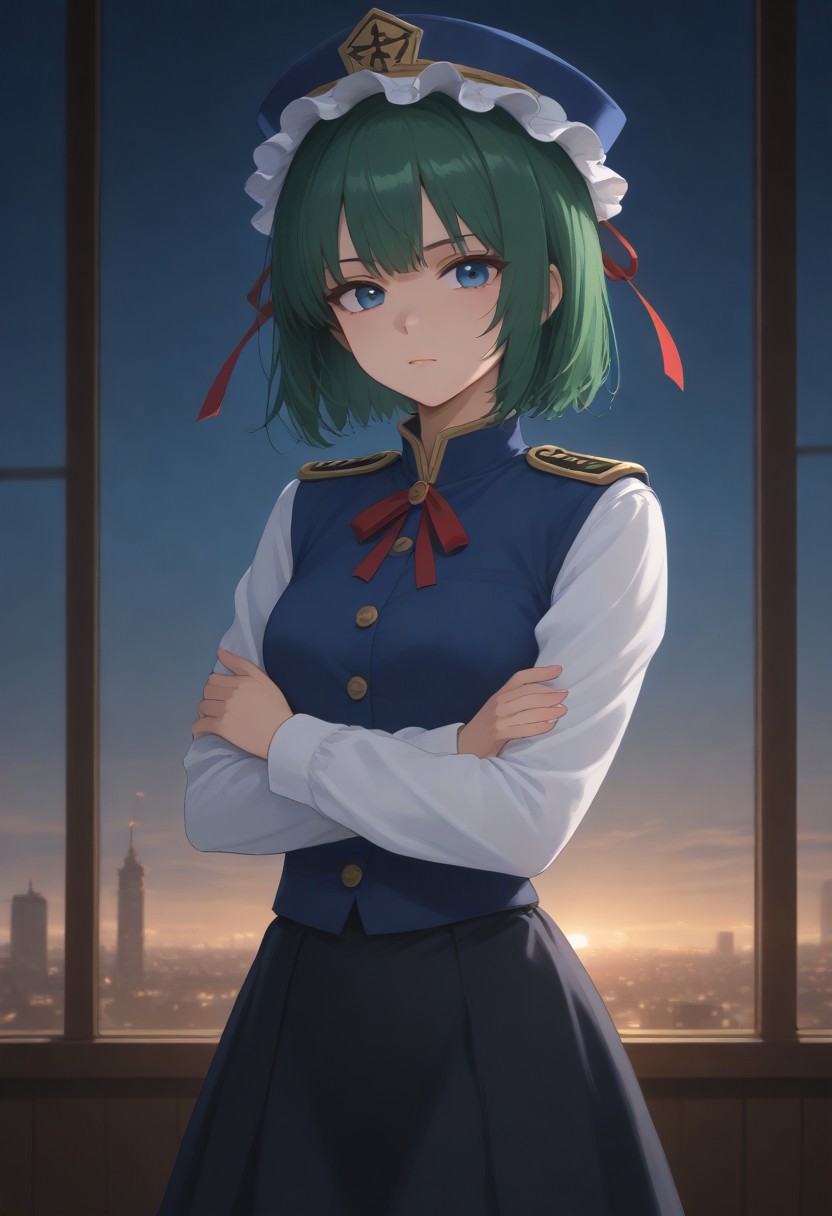 1girl, solo, solo focus, highres, absurdres, shikieiki, green hair, frilled hat, blue eyes, blue headwear, short hair,
long sleeves, black skirt, white shirt, blue vest, red ribbon, epaulettes, small breasts, 
looking at viewer, crossed arms,
window, cityscape, neon lights, night, night sky, backlighting,