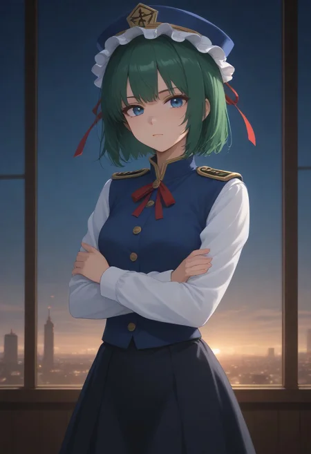 1girl, solo, solo focus, highres, absurdres, shikieiki, green hair, frilled hat, blue eyes, blue headwear, short hair,
long sleeves, black skirt, white shirt, blue vest, red ribbon, epaulettes, small breasts,
looking at viewer, crossed arms,
window, cityscape, neon lights, night, night sky, backlighting,