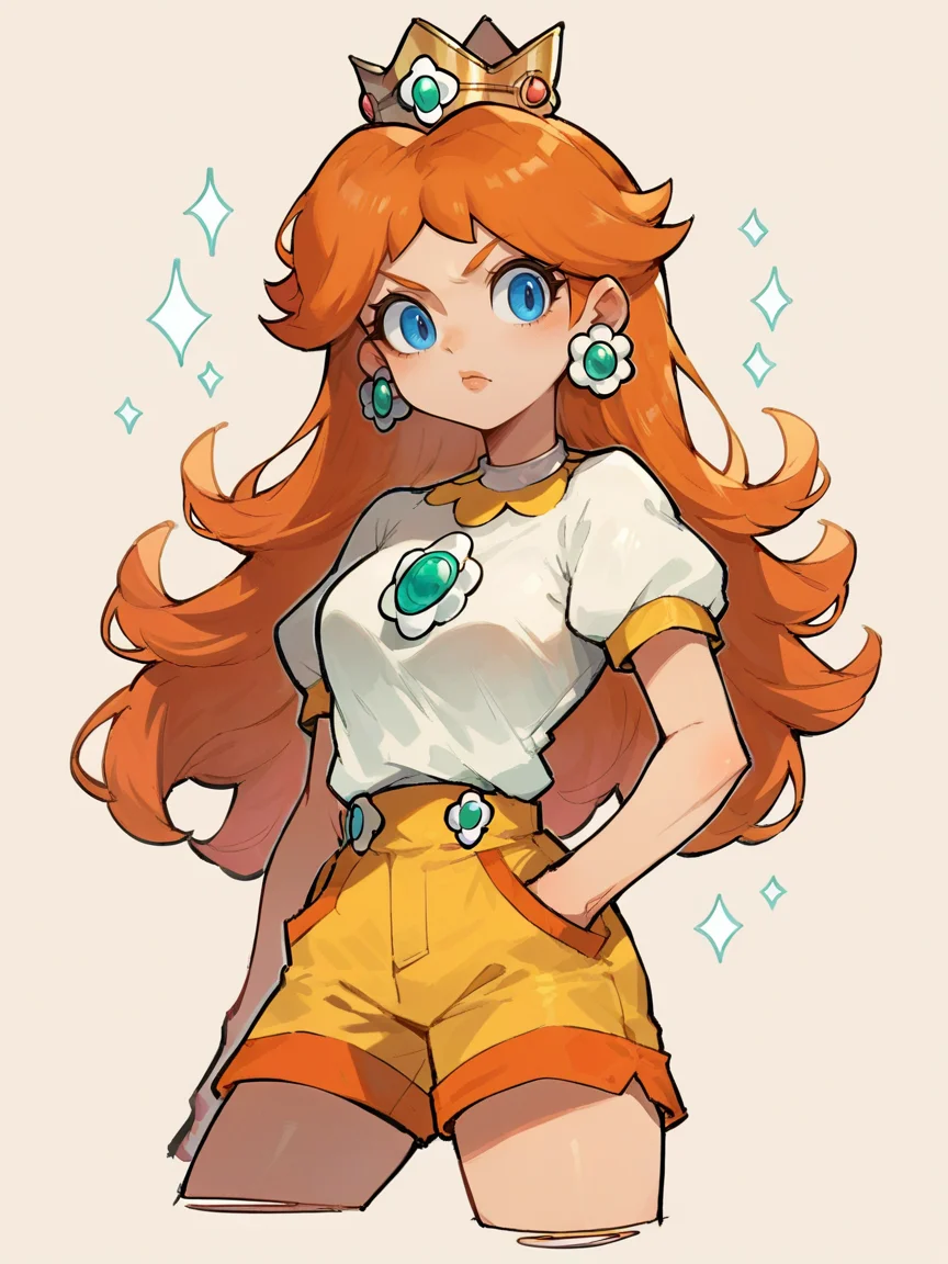 score_9, score_8_up, score_7_up, score_6_up, score_5_up, <lora:PrincessDaisyXLP:1> princess daisy, 1girl, earrings, solo, blue eyes, crown, long hair, orange hair, shorts