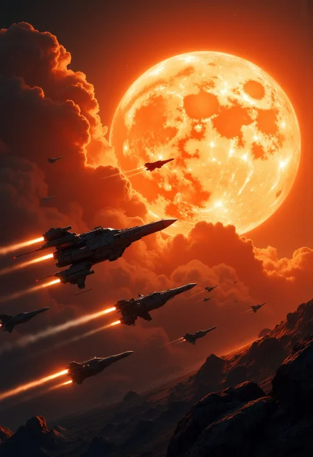 best quality, masterpiece, squadron of small military spacecraft, a supermassive dull sun in the background, cinematic, dynamic photorealistic image, High Definition HD, High Detail, Perfect Composition