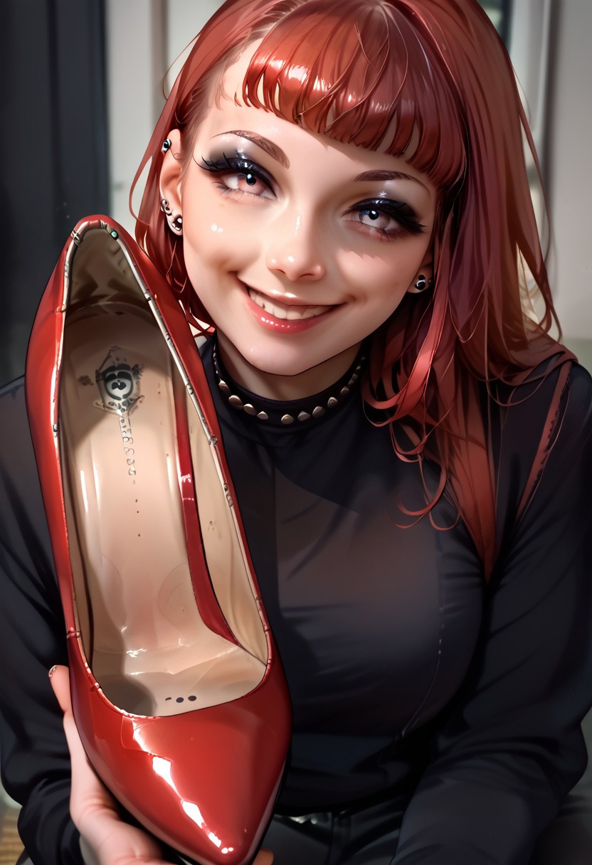 score_9_up, score_8_up, score_7_up, 1girl, solo, a goth girl, leah, cute smile, portrait, close up, red hair, high heels, torso up, pov, holding a shoe toward the viewer, showing shoe insole:1.2, worn shoes, worn insoles
