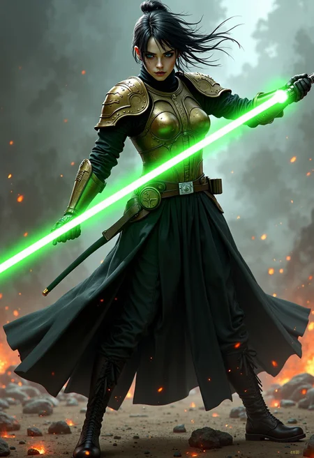 Illustration combining oil-canvas and semi-realistic comic-book style image with a Star Wars theme, star wars style, mythp0rt, Pale skin tone, dynamic, woman. The main subject of the image is a beautiful French woman in her 30s. She is a goth girl with very pale skin, with messy black hair, blue eyes, high cheekbones, and full rosy lips. She has one beauty mark mole beside her mouth. She has smokey eyeshadow. She is wearing a sci-fi bronze raiment of armor including a breastplate. She is wearing long black robes, leather boots, bracers, belt, featuring a long skirt. She is attacking with a green lightsaber in a glamorous pose, stretching in such a way that it demonstrates sensual physicality, at unique angles. She is standing on a dramatic battlefield, occluded with smoke and dust. Sharp Focus, Volumetric Lighting, Realistic Shading, Octane Render, Realistic, professional, 4k, highly detailed,, portrait photography, capturing emotion, personality, flattering lighting, professional, engaging, compelling composition.