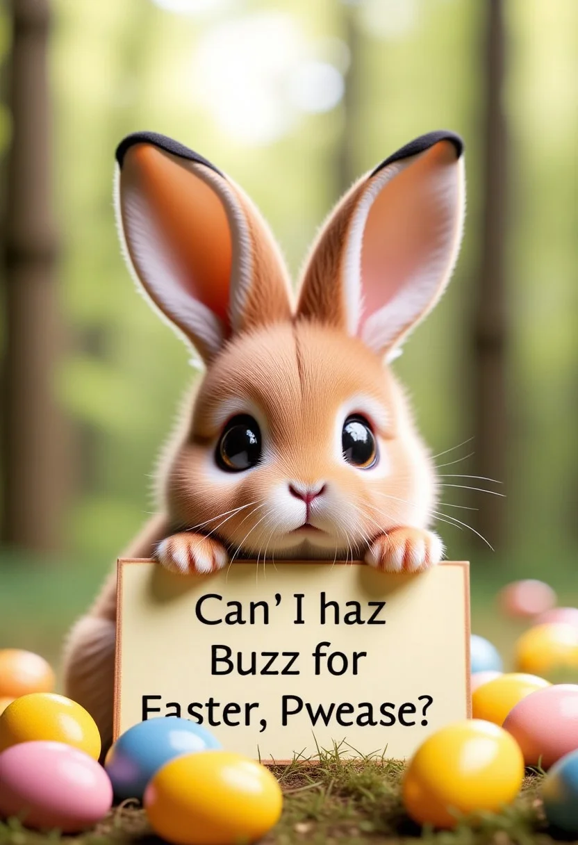 small zhibi, cute, adorable rabbit, large eyes, pouting, holding a sign that says "Can I Haz Buzz For Easter, Pwease?", forest background