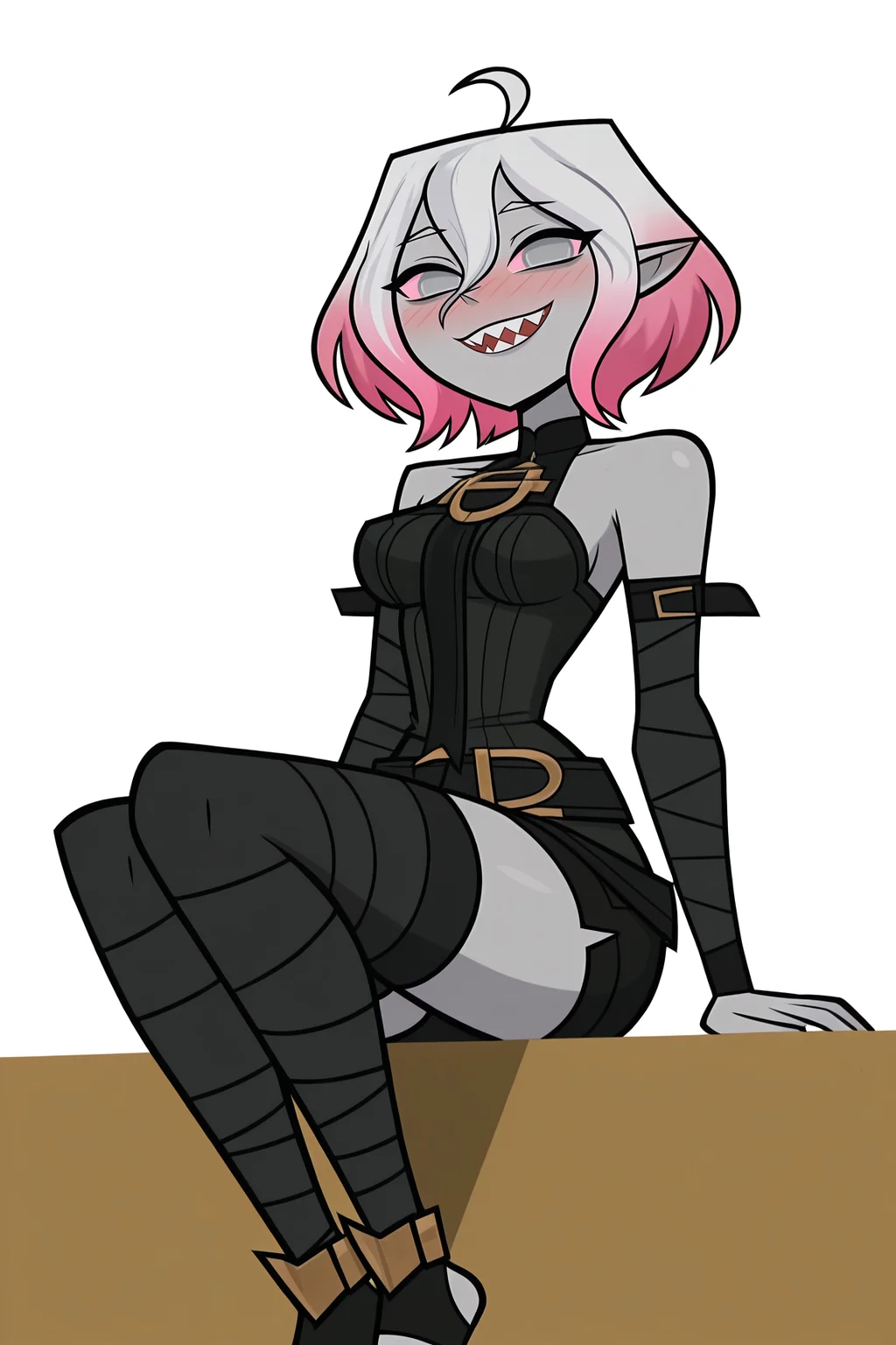 masterpiece,best quality,amazing quality, BREAK, BriarLoLILXL, grey skin, colored skin, no pupils, grey eyes, pink sclera, white hair, pink hair, two-tone hair, gradient hair, short hair, hair between eyes, ahoge, pointy ears, sharp teeth, medium breasts, bare shoulders, black thight dress, detached sleeves, black bandaged sleeves, black shorts, belt, (black bandaged legwear), toeless legwear, (solo), sitting, ((bellow view)), looking at viewer, seductive smile, naughty face, nose blush, white background, simple background <lora:BriarLoLILXL:1>, TotalDramaStyleILXL <lora:TotalDramaStyleILXL:1.2>