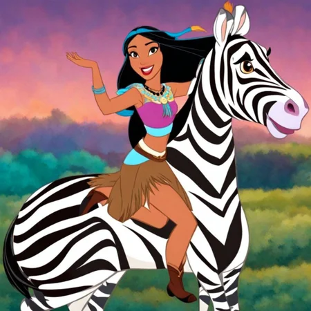 Pocahontas riding a Zebra DreamDisPix style <lora:SDXL-DreamDisPix-Lora-r32:0.8>