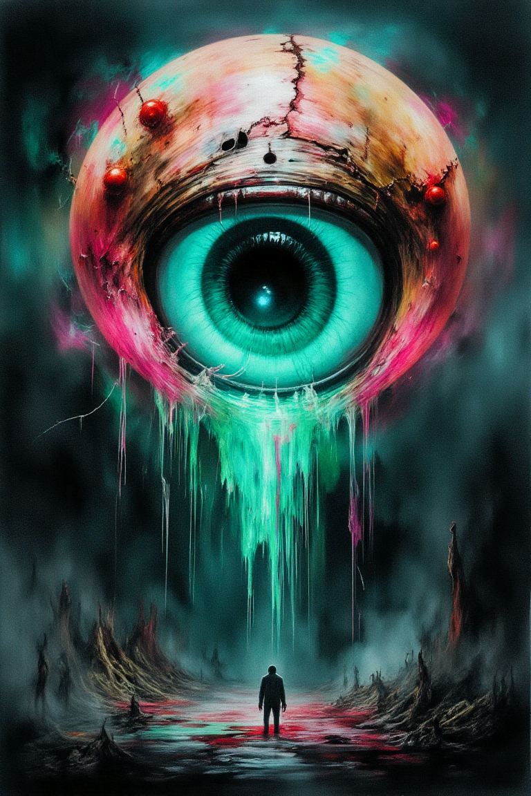 An extreme macro close-up of a translucent robotic head resembling a serpent, its hollow, glass-like surface revealing the decayed remnants of its inner mechanisms. The lifelike scales, once vibrant, now shift with eerie, fading neon tones of pink, red, yellow, and green, bleeding into one another like the last embers of a dying machine. Subsurface scattering (SSS) effects illuminate fractured wiring beneath the surface, glowing faintly with irregular pulses, as if struggling to cling to life.\nThe lighting is dim and cold, with harsh backlight casting long shadows through the translucent material, emphasizing the cracks and imperfections in its once-flawless design. The shallow depth of field blurs the desolate backdrop, littered with rusted metal fragments and faintly glowing debris, adding to the sense of abandonment.\nThe robotic head is crowned with a weathered metal hood, its surface pitted and scarred as if corroded by years of acid rain. A central circular aperture, cracked and flickering with an unstable turquoise light, dominates the frame. Etched into the hood are intricate filigree patterns, their coppery glow dim and irregular, like the fading heartbeat of an ancient, forgotten machine. These shifting patterns pulse faintly, evoking an organic-mechanical aestheticâa haunting relic of a future consumed by entropy. in the style of ck-ncr,\n\nDark Art",