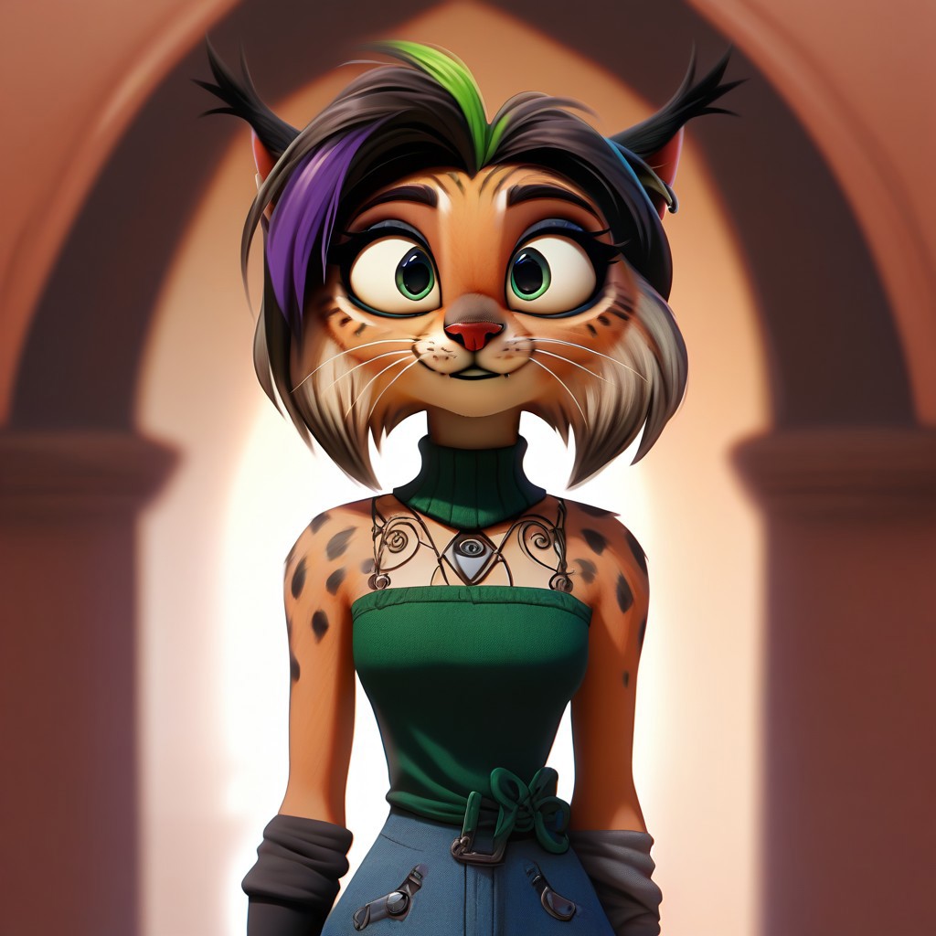 digital_media_(artwork) hi_res, score_9, score_8_up, score_7_up, score_6_up, score_5_up, score_4_up, rating_safe, beautiful, intricate, high quality details, highly detailed, amazing quality, anthro, furry, female, detailed textured fur, fur tufts, fluffy,  cute, cute face, small, detailed sexy eyes, solo, SFW, lynx, expressive, sassy, long sleeveless halter neck sweater, baggy denim pants, clothed slim, clothed slender, clothed skinny, multicolored hair, streaked hair, absurdres, highres, goth, heavy eyeliner, heavy eye shadow, breasts, fingerless gloves, sleeveless leather jacket, vivid colors, by zazush-una