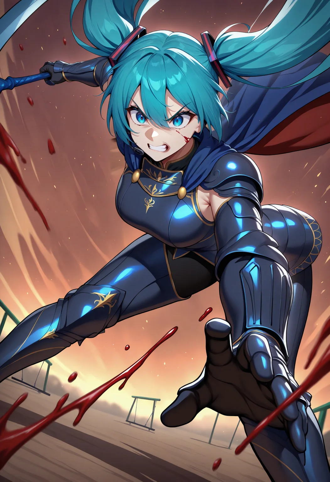masterpiece, best quality, newest, absurdres, highres, wearing armor, black armor, gold trim, gauntlets, greaves, cape, holding spear, dynamic pose, hatsune miku, blue eyes, outdoors, aura, foreshortening, angry, dutch angle, reaching towards viewer, unlimited blade works \(fate\), blood, leaning forward, fighting stance, battle, motion lines, motion blur, swinging, swing,