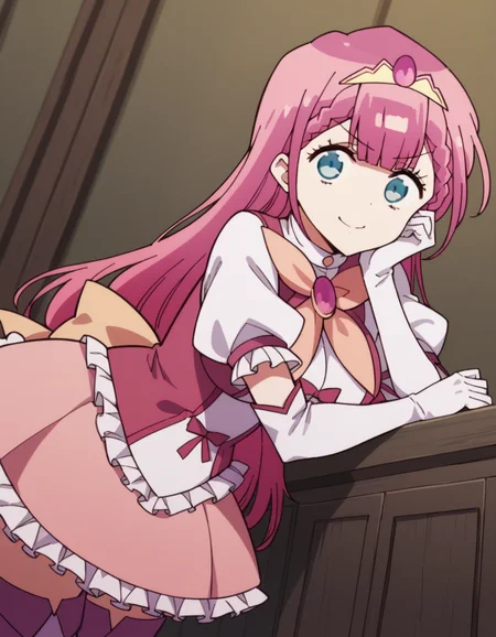 score_9, score_8_up, score_7_up, source_anime, <lora:mafuyu-kirisu-s2-ponyxl-lora-nochekaiser:1>, mafuyu kirisu, blue eyes, braid, long hair, twin braids, pink hair, large breasts,, boots, center frills, dress, elbow gloves, frilled skirt, frills, gloves, magical girl, pink skirt, puffy short sleeves, puffy sleeves, purple thighhighs, short sleeves, skirt, thigh boots, thighhighs, tiara, white gloves,, indoors, bent over, smile, smug, looking at viewer, solo,, cowboy shot, dutch angle