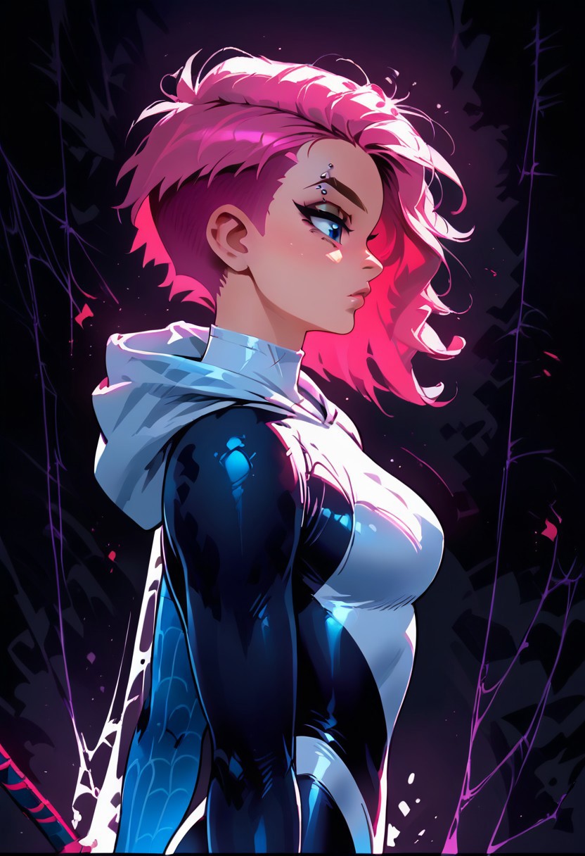 1girl, gwen1, 1girl, blue eyes, eyebrow piercing, blonde hair, asymmetrical hair, undercut, two-tone hair, pink hair, medium hair, skin tight, bodysuit, superhero, spider web print, hood down,weapon, sword, solo, red hair, holding, holding weapon, holding sword, , braid, from side, profile, simple background, upper body,  , closed mouth, ring, see-through, , gloves, ,jewelry, black background, nail polish, fingernails, crown, wide sleeves, eyes, lace, (glowing sword:1.5), burning sword, glowing, zPDXL3, detailxl,  Score_PnyReal, (lineless:1.5)