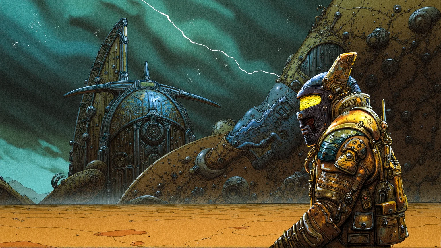 "A lone space traveler navigates a barren alien planet, surrounded by colossal, decaying spacecraft. The skies are stormy, with flashes of lightning illuminating the twisted metal. The traveler's suit is worn and battle-scarred, with a glowing visor that reflects the eerie landscape. The scene is filled with intricate details, like swirling dust storms and distant mountain ranges, evoking a sense of isolation and danger." <lora:metal_hurlant_v1:1.5>