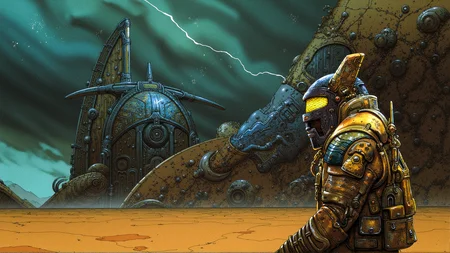 "A lone space traveler navigates a barren alien planet, surrounded by colossal, decaying spacecraft. The skies are stormy, with flashes of lightning illuminating the twisted metal. The traveler's suit is worn and battle-scarred, with a glowing visor that reflects the eerie landscape. The scene is filled with intricate details, like swirling dust storms and distant mountain ranges, evoking a sense of isolation and danger." <lora:metal_hurlant_v1:1.5>