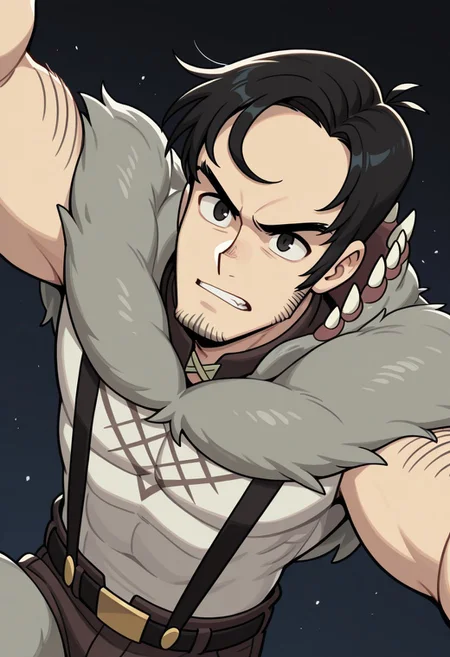 Dynamic pose, dynamic view, dynamic angle, cartoon source, solo, male focus, 1boy, beowulf, male,Black eyes, Black hair, sideburns, facial hair, mucular body, wolf suit, Upper body,
perfect anatomy, masterpiece, perfect quality, best quality, detailed, newest, very aesthetic