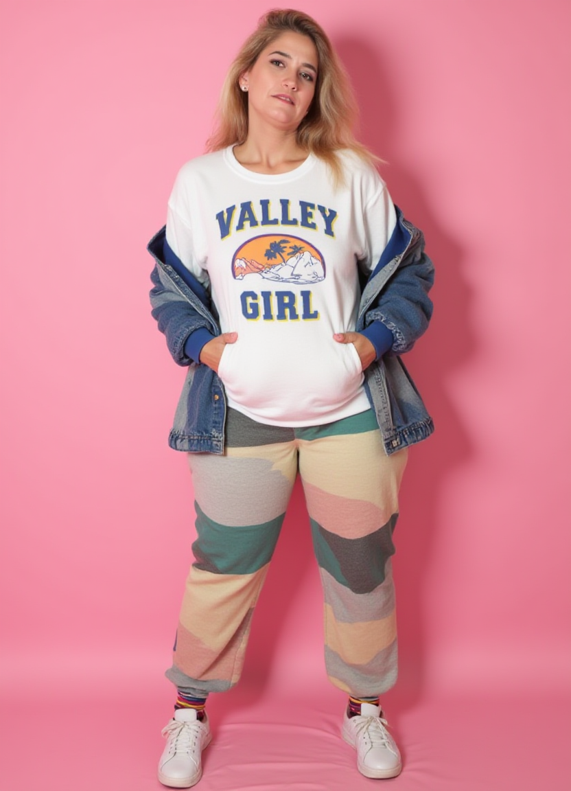 SFW, The image is a portrait of a woman posing in front of a pink background. She is wearing a white sweatshirt with the words "Valley Girl" written in blue and yellow letters across the chest. She has long baggy sweatpants in multiple colors covering her legs. The sweatshirt has a graphic design on the front and a blue denim jacket over it. She has e hair styled in loose waves and is wearing colorful striped socks. The woman is standing with her hands in her pockets and is looking directly at the camera with a serious expression., aidmaimageupgrader<lora:flux\custom\adult\amber-conners.safetensors:1.0:1.0> <lora:turbo-8-step-flux.safetensors:0.5:0.5> <lora:flux\style\Common\aidmaImageUprader-FLUX-v0.3.safetensors:0.25:0.25>