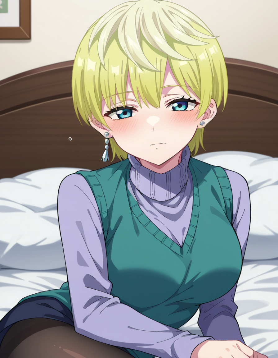score_9, score_8_up, score_7_up, source_anime,
tenkaizumo, <lora:tenka-izumo-s1-ponyxl-lora-nochekaiser:1>
tenka izumo, short hair, blue eyes, blonde hair,
skirt, long sleeves, jewelry, pantyhose, earrings, vest, sweater, turtleneck, turtleneck sweater,
indoors, bed, bed room, on side, blush, drunk,
looking at viewer, cowboy shot, dutch angle, solo,