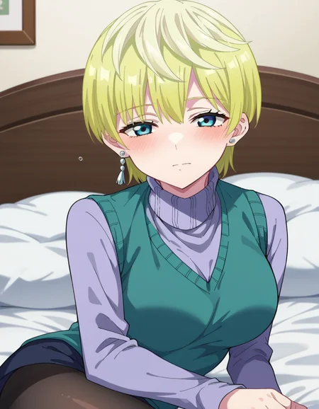 score_9, score_8_up, score_7_up, source_anime,
tenkaizumo, <lora:tenka-izumo-s1-ponyxl-lora-nochekaiser:1>
tenka izumo, short hair, blue eyes, blonde hair,
skirt, long sleeves, jewelry, pantyhose, earrings, vest, sweater, turtleneck, turtleneck sweater,
indoors, bed, bed room, on side, blush, drunk,
looking at viewer, cowboy shot, dutch angle, solo,