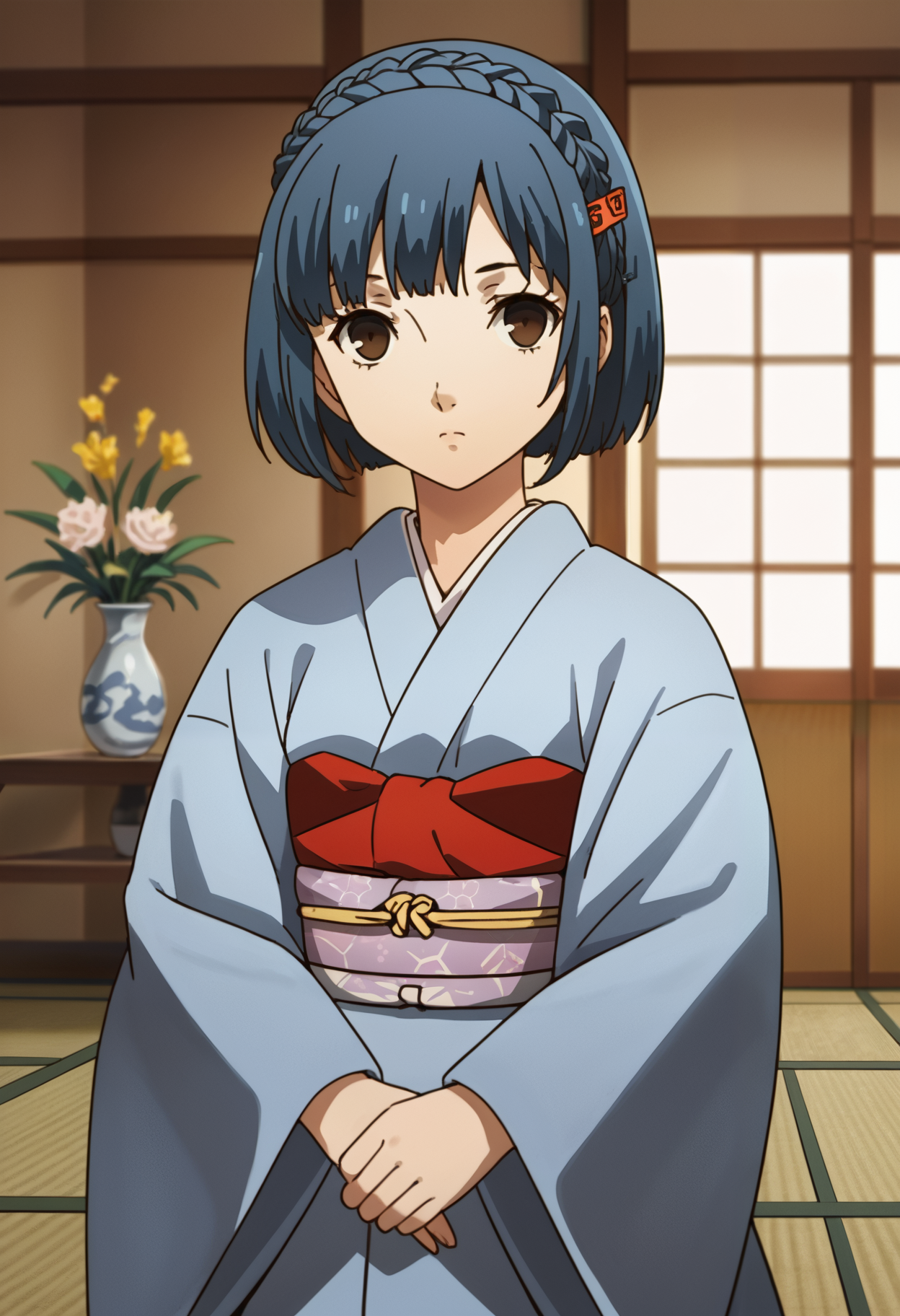 score_9, score_8_up, source_anime, 1 girl, solo, cute face,
p4aika, short hair, blue hair, hair ornament, crown braid,
japanese clothes, kimono, sash, obi, 
looking at viewer, expressionless, standing,
inside, tatami, 
masterpiece, best quality, ultra detailed,