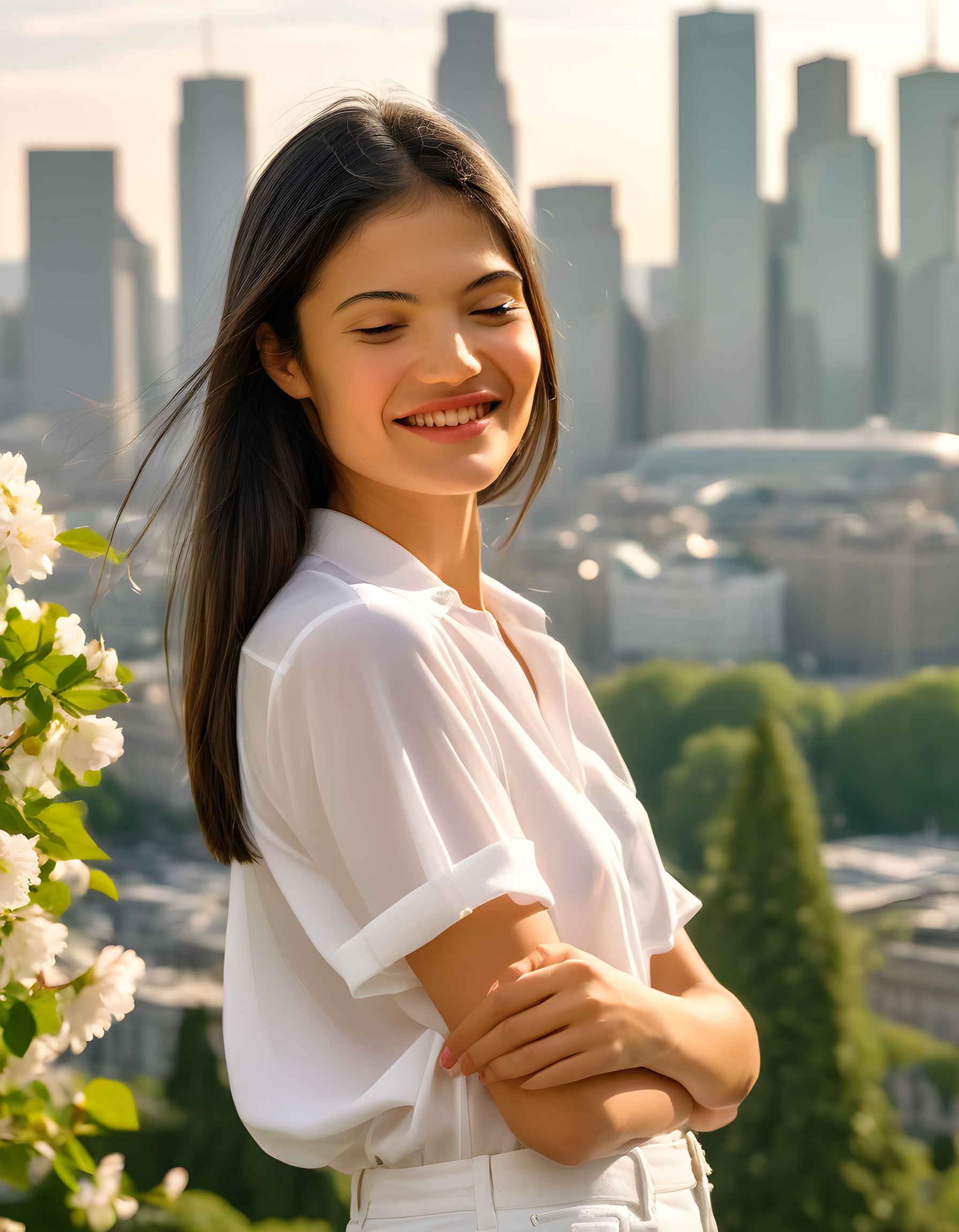 emmaraducanu, In a serene, sunlit park adorned with vibrant blossoms and lush greenery, Emma Raducanu, a young woman of black hair cascading down her shoulders, poses confidently with a radiant smile playing on her lips. Clad in a crisp white shirt, she closes her eyes thoughtfully, creating an intimate connection with the viewer as if sharing a private moment, captured from a slightly elevated camera angle that highlights her poised and graceful demeanor against the picturesque backdrop of the bustling city skyline beyond.
