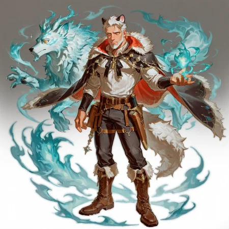 <lora:Flamel_Alchemist_Code-000003:.5>tagatameflamel, 1boy, white hair color, middle hair, hair accessories, animal ears, fluffy fur, yellow eyes,, cape, long sleeves shirt, belt, pants, knot, boots, magic, spirit animals, solo, male focus, manly, mature male,
(very short hair, beard, bara, mature, facial hair, stubble, beard, full beard, sideburn, beard, a lot of beard, ), facial hair,male focus, muscular male, muscular male, bara, mature,  bara, mature, aixiwuganda_(20222192), very awa, masterpiece, best quality, absurdres, newest, perfect quality, detailed background, intricate details,
<lora:slider_Body Type_alpha1.0_rank4_noxattn_last:3><lora:Anime Summer Days 2 Style SDXL_LoRA_Pony Diffusion V6 XL:.6><lora:slider_cfg_scale_boost:.7><lora:Artist6p:.55>, Artist6p, Artist04p,<lora:slider_il_brightness_slider_d1:-1><lora:slider_il_contrast_slider_d1:-1><lora:slider_DarkSlider1.2_alpha1.0_rank16_full_300steps:-.6>
