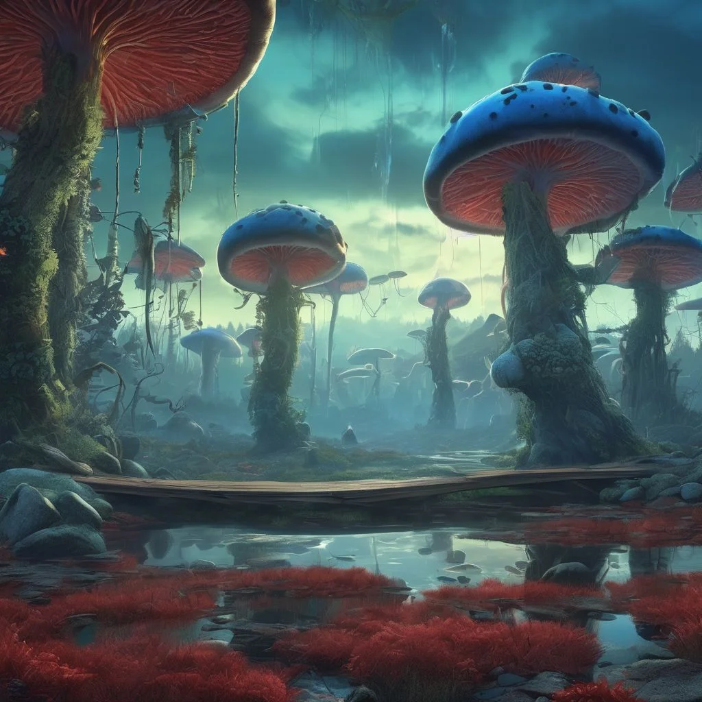 gigantic forest of blue mushrooms with blue grass reaching into the sky, moss and creepers grow in the cracks. mystical blue sky. with the aurora borealis in the night sky, high definition, 4k. mist has a thin layer of blood red in it. broken down futuristic vehicles litter the streets. a gentle river flows along the scene having beautiful reflections of the environment. a bridge going across the river made of vines sits along the left side of the image.