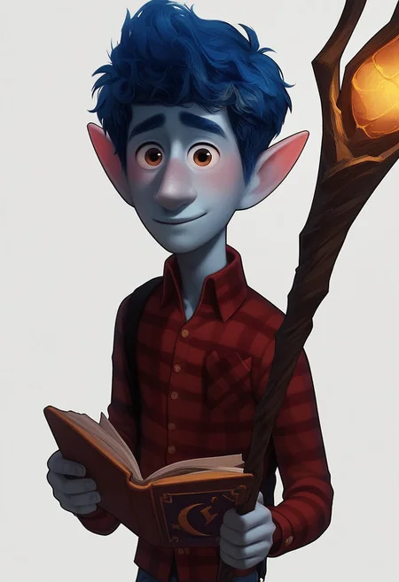 score_9, score_8_up, score_7_up, score_6_up,
1 boy, perfect face, young, solo, male focus, portrait, pubic hair, blue hair, looking at viewer, ian lightfoot, male elf, pointy ears, blue skin, short hair, red plaid shirt, amazed, holding a staff, upper body, bedroom background, cute, jeans, reading a spellbook