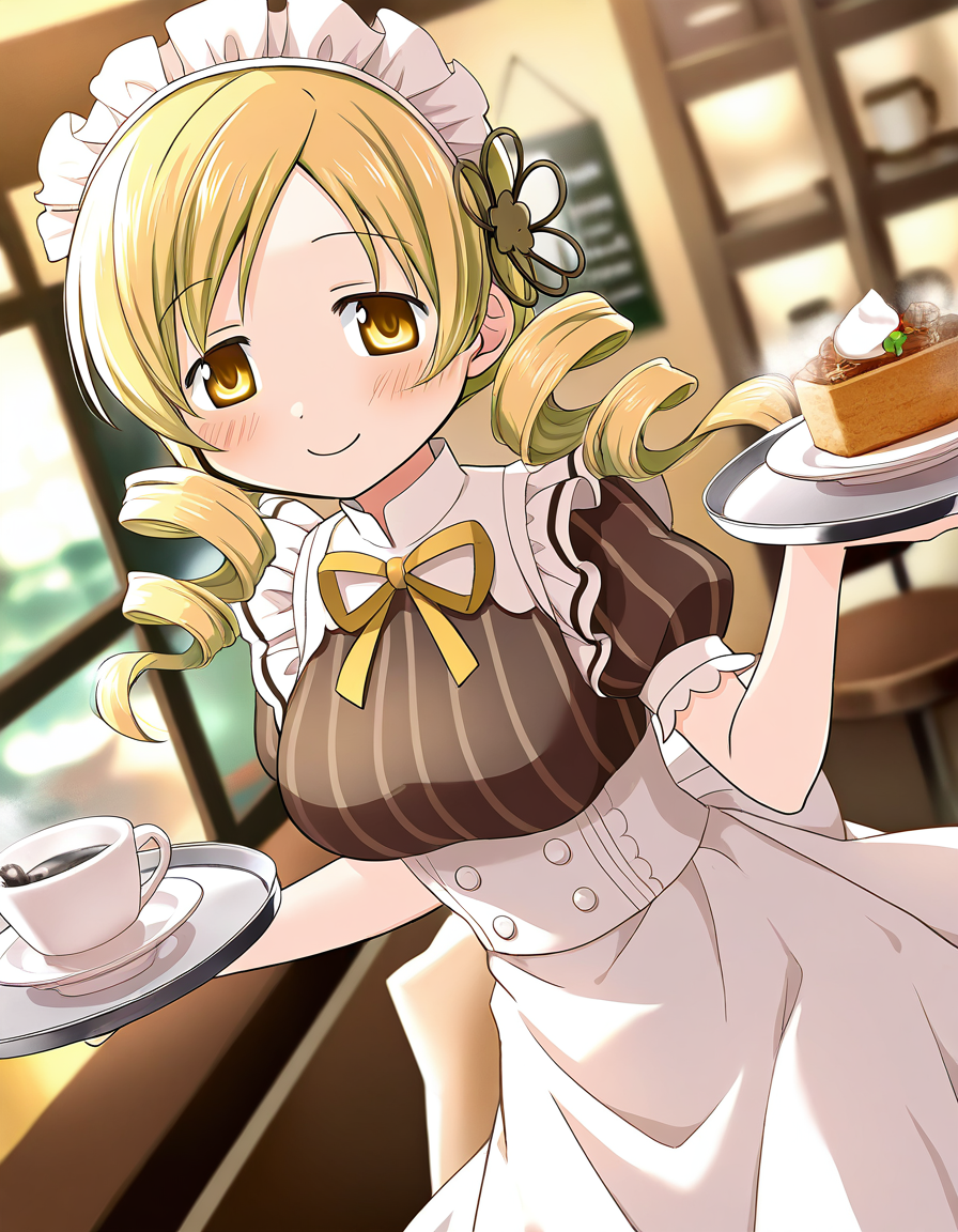 masterpiece, best quality, newest, absurdres, highres, safe, 1girl, tomoe mami \(maid costume\), magia record: mahou shoujo madoka magica gaiden, solo, tray, coffee shop, dutch angle, <lora:tomoe_mami_noobaiXLNAIXL_vPred10Version:0.7>