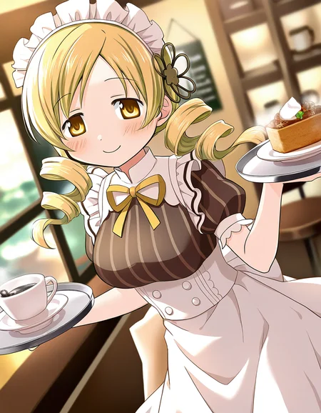 masterpiece, best quality, newest, absurdres, highres, safe, 1girl, tomoe mami \(maid costume\), magia record: mahou shoujo madoka magica gaiden, solo, tray, coffee shop, dutch angle, <lora:tomoe_mami_noobaiXLNAIXL_vPred10Version:0.7>