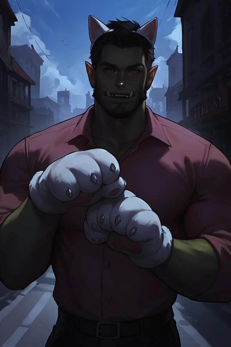 score_9, score_8_up, score_7_up, rating_safe, dark theme, low light, orc, green skin, tusks, facial hair, beard, mustache, black hair, blue eyes, pink shirt, collared shirt, long sleeves, black pants, muscular, 1boy, solo, male focus, mature male, fake animal ears, animal ears, cat ears, white cat ears, paw gloves, white paw gloves, cat paws, paw pose, smile, looking at viewer, cowboy shot, standing, outdoors, city, building <lora:NAI3 Smooth Boys Low Light Style LoRA_Pony XL v6:0.8>