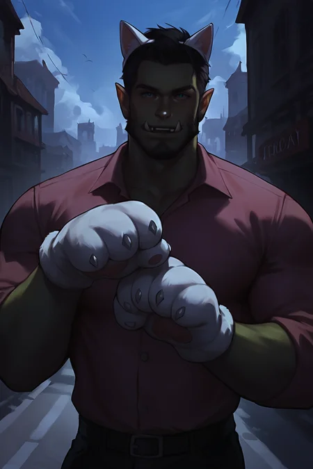 score_9, score_8_up, score_7_up, rating_safe, dark theme, low light, orc, green skin, tusks, facial hair, beard, mustache, black hair, blue eyes, pink shirt, collared shirt, long sleeves, black pants, muscular, 1boy, solo, male focus, mature male, fake animal ears, animal ears, cat ears, white cat ears, paw gloves, white paw gloves, cat paws, paw pose, smile, looking at viewer, cowboy shot, standing, outdoors, city, building <lora:NAI3 Smooth Boys Low Light Style LoRA_Pony XL v6:0.8>