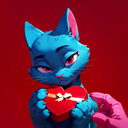 Expressiveh, score_9, score_8_up, score_7_up, duo, blue female cat, pink male bunny, heart box, valentine red box, chocolate box, staring at box, animals, red background,