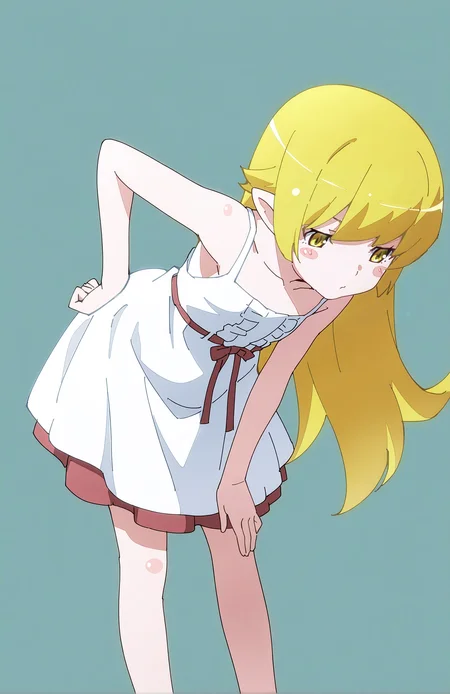 OshinoShinobu. 1girl, long hair, blonde hair, yellow eyes, short pointy ears, blush stickers, white dress, pockets, standing, perfect hands, hand on hips, bent over, simple background