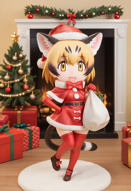 1girl, ((solo)), best quality, ultra-detailed, extremely detailed, perfect anatomy, masterpiece, score_9, score_8_up, score_7_up, Expressiveh, sand cat \(kemono friends\), 1girl, cat girl, cat ears, blonde hair, short hair, yellow eyes, cat tail, elbow gloves, bowtie, christmas tree, christmas decoration, christmas ornaments, underneath Christmas tree background, indoors, santa cosplay, santa outfit, santa hat, santa's sack, Christmas outfit, giant sack of presents, fully clothed, Christmas themed thighhighs, thighhighs, santa's sack of presents, red ribbon collar, Christmas presents, Christmas themed, living room, fireplace, (chibi), looking at viewer, smiling, eager, excited, happy, cute, adorable, surprised, hearts, shaking hips, hip sway, swaying hips, tail movement, tail_accessory, mistletoe_on_tail, mistletoe, dynamic lighting, looking at viewer, standing, standing on one foot, posing, paw pose,