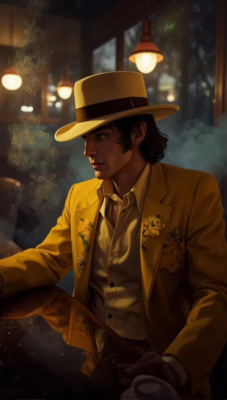 <lora:ck-LttleGhost-000011.safetensors:1> in the style of ck-lttlegh0stA man sits at a dimly lit cafe table, surrounded by smoke and vintage decor. He wears a mustard-yellow suit jacket with floral embroidery, paired with a wide-brimmed fedora hat and a beige shirt. The overall atmosphere is one of nostalgia and retro flair, emphasized by the soft focus and subtle lighting.