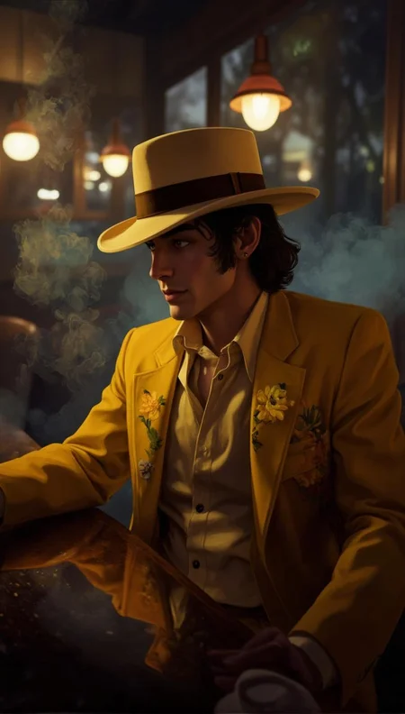 <lora:ck-LttleGhost-000011.safetensors:1> in the style of ck-lttlegh0stA man sits at a dimly lit cafe table, surrounded by smoke and vintage decor. He wears a mustard-yellow suit jacket with floral embroidery, paired with a wide-brimmed fedora hat and a beige shirt. The overall atmosphere is one of nostalgia and retro flair, emphasized by the soft focus and subtle lighting.