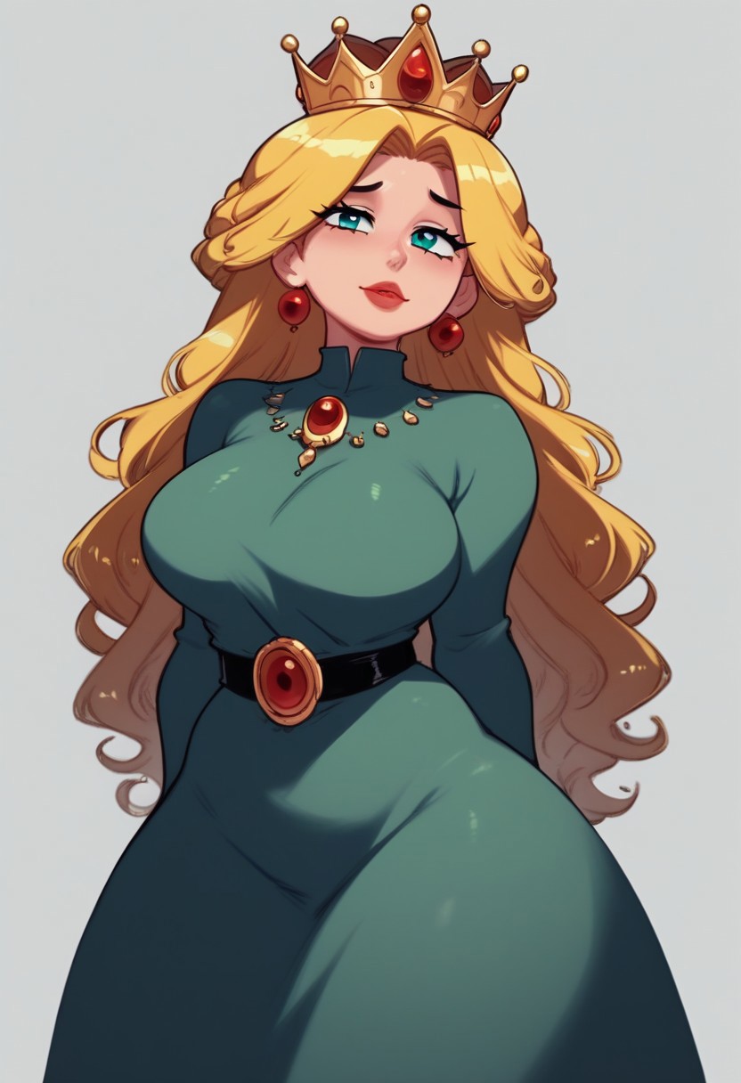 1girl, solo, <lora:Queen ElinorPDXL_v1:1>Queen ElinorPDXL, green dress, crown, milf, mature woman,, <lora:J_cartoon:1> j_cartoon<lora:Expressive_H:0.8> ExpressiveH<lora:CitronAnimeTreasure:0.3><lora:LunarCAT_Style:0.3> score_9, score_8_up, score_7_up,